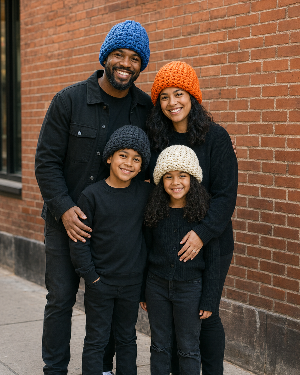 A family wearing colorful handmade crochet beanies